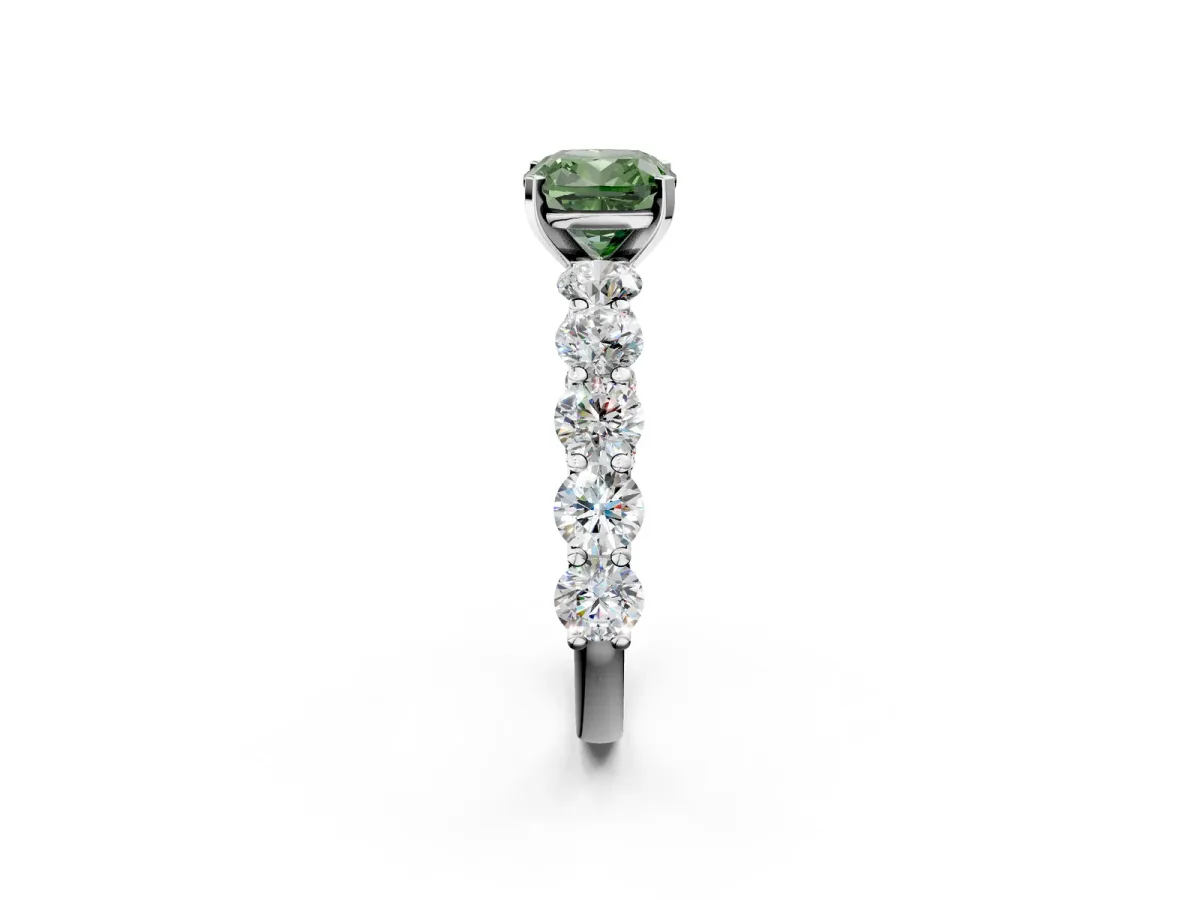 Fancy Green Cushion Cut Diamond Prong Setting with Side Stones on a Pave Band Silver
