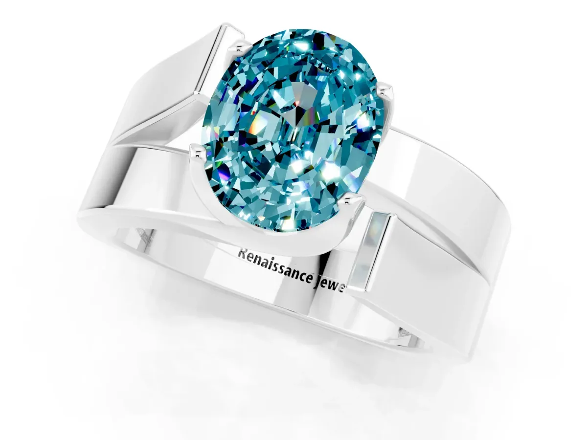 Modern Tension Set Oval Cut Blue Topaz Solitaire Wide Band Ring Silver