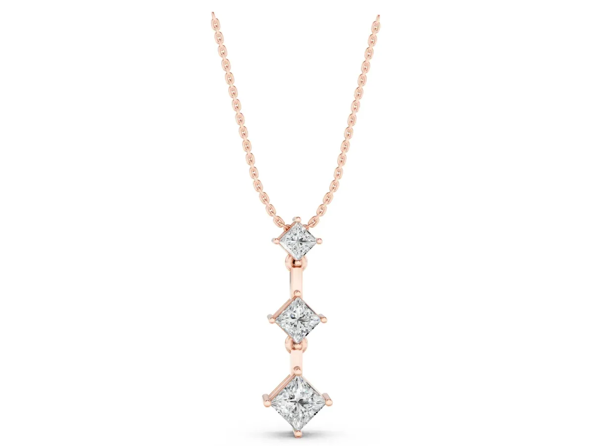 Triple Princess Cut Drop Pendant with Four-Prong Setting Rose gold