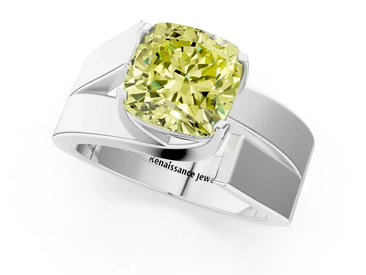 Fancy Yellow Modern Tension Set Cushion Cut Diamond Solitaire Wide Band Ring Silver