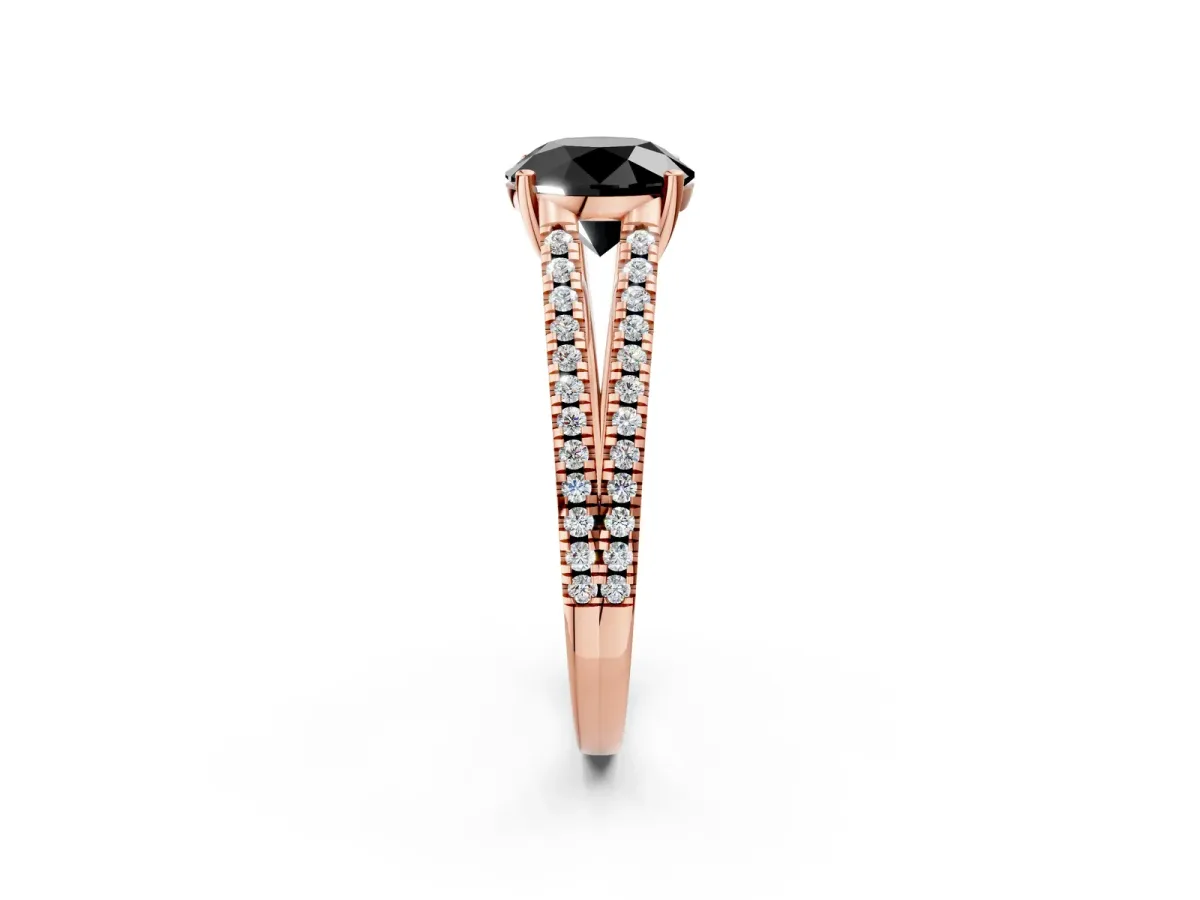 Fancy Black Round Cut Diamond Solitaire Engagement Ring with Split Shank Pavé Band Rose gold