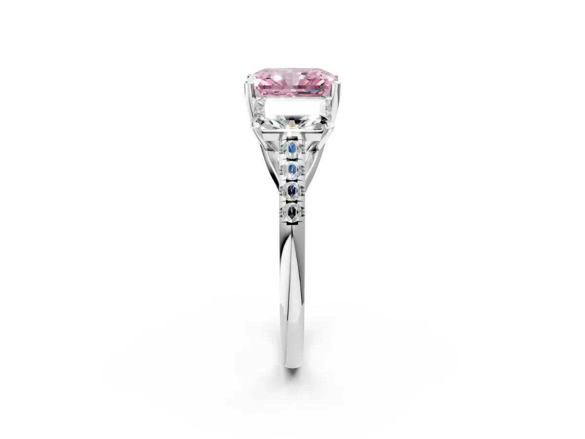 Fancy Pink Three-Stone Radiant Cut Diamond Ring with Round Pavé Band and Prong Setting Silver