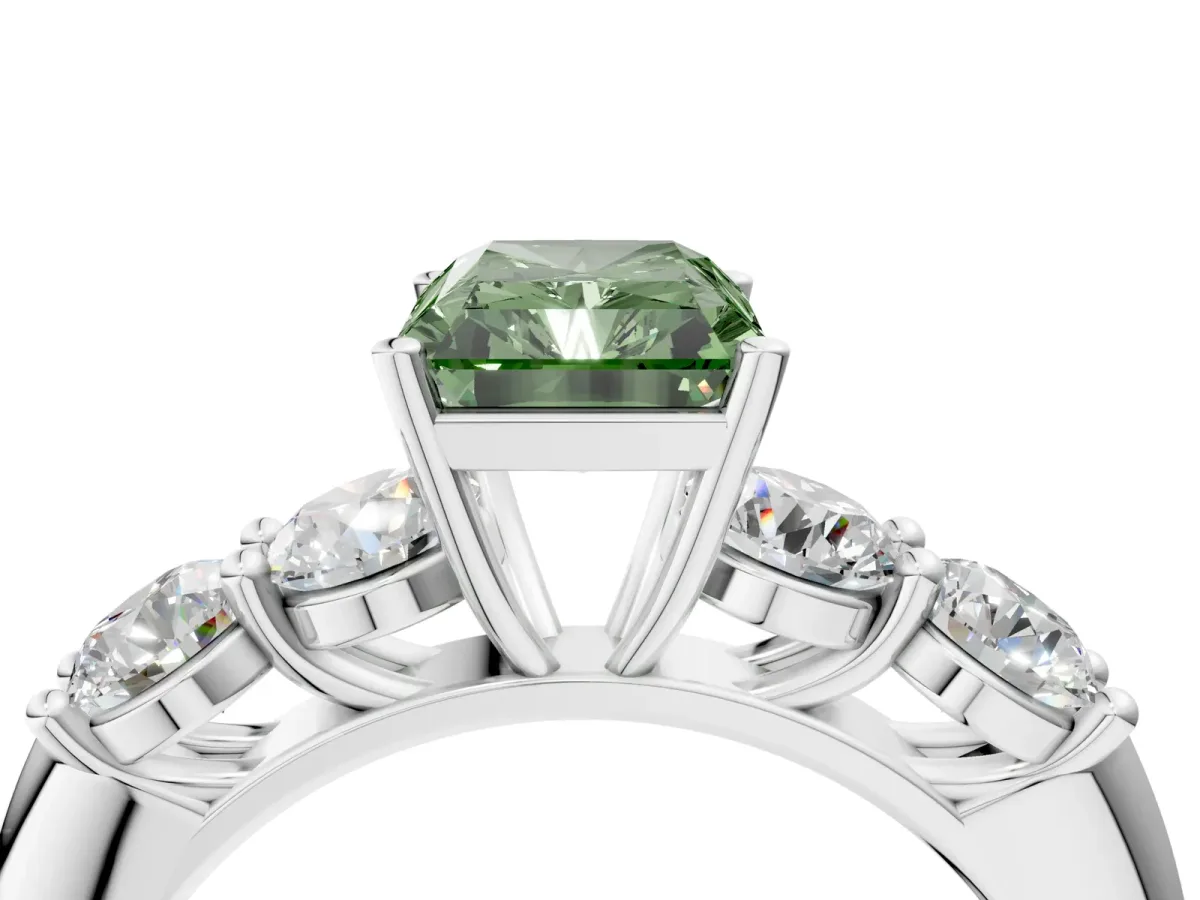Fancy Green Radiant Cut Cut Five-Stone Prong Set Diamond Ring with Classic Band Platinum
