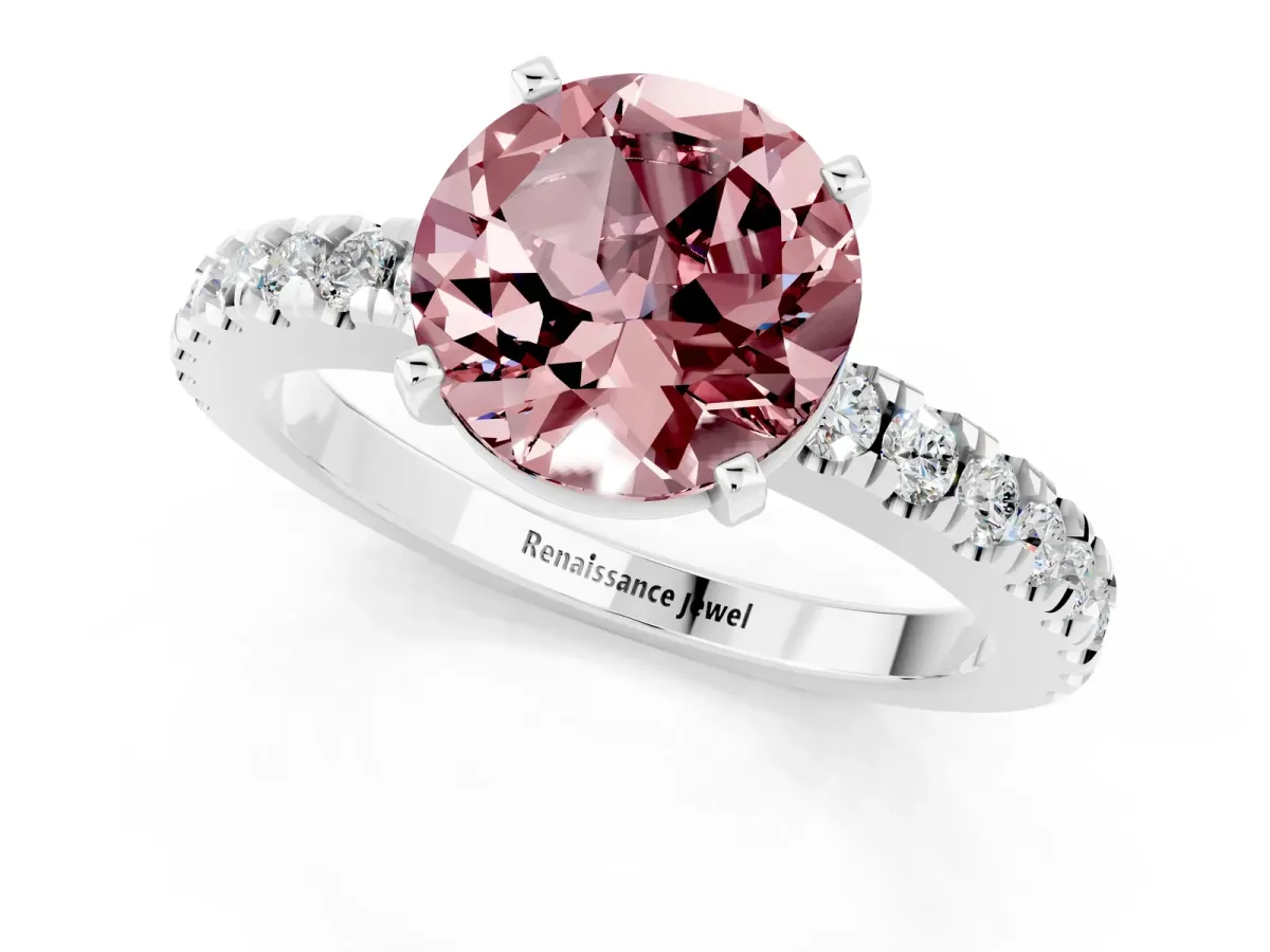 Round Cut Solitaire Morganite with Pavé Band and Four-Prong Setting Silver