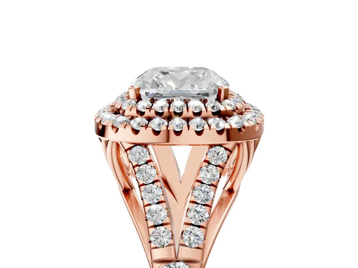 Cushion Cut Diamond Double Halo Ring with Split Shank and Prong Setting Rose gold