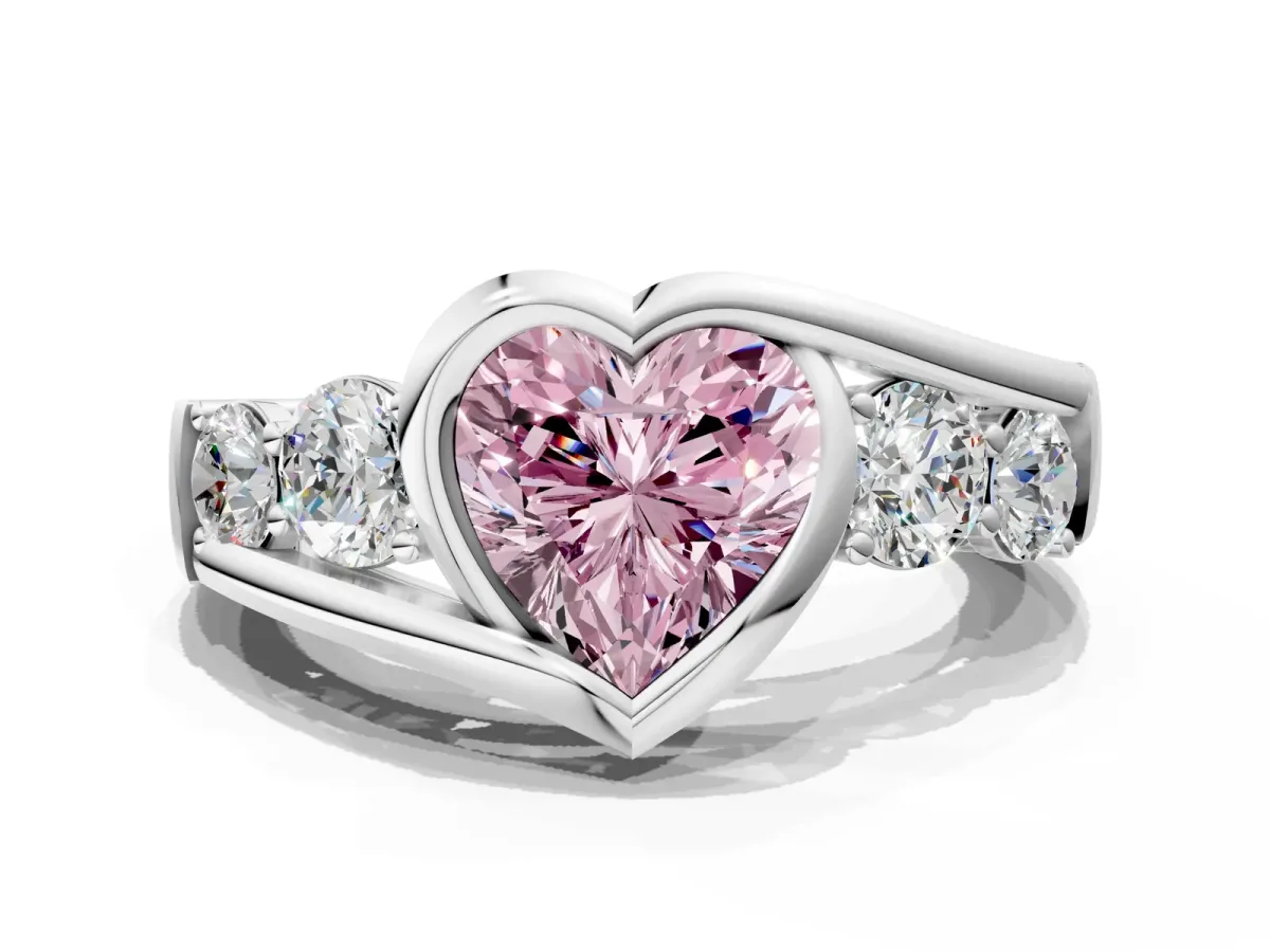 Fancy Pink Bezel Set Heart Cut Diamond Bypass Ring with Round Accents Silver