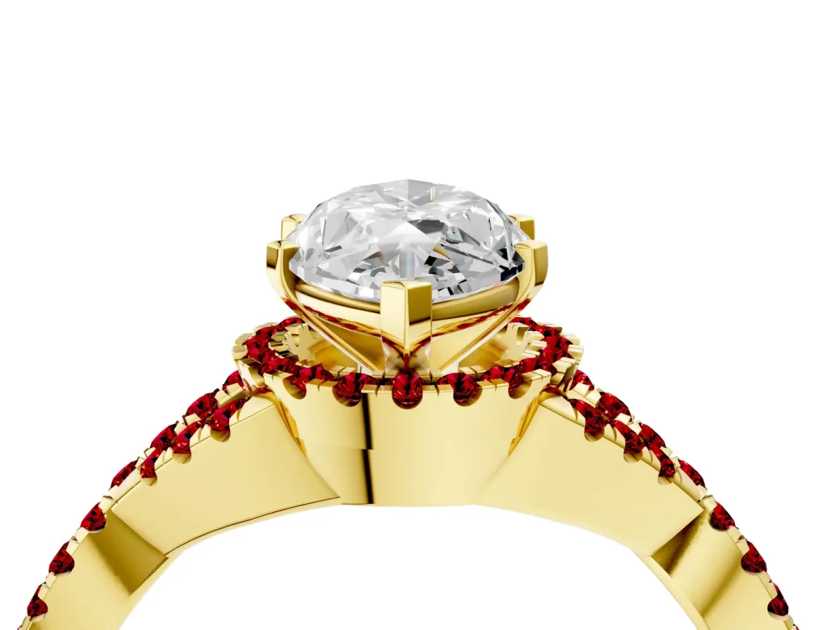 Marquise Cut Diamond Ruby Halo Twist Band Solitaire Prong Setting Ring Yellow gold