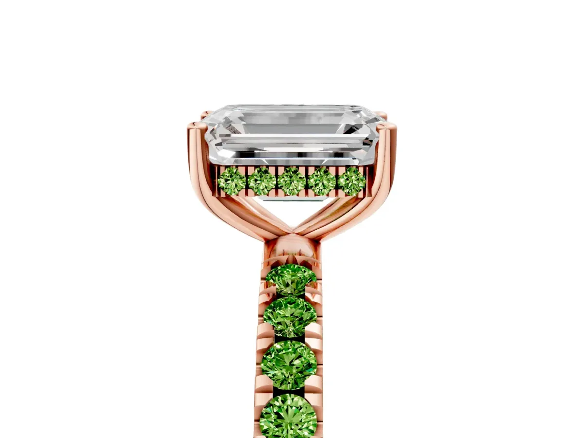 Emerald Cut Diamond Pave Band Solitaire Ring with Round Peridot and Prong Setting Rose gold