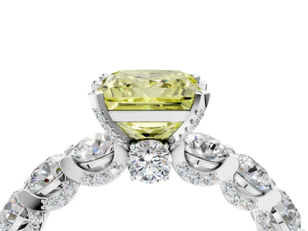 Fancy Yellow Princess Cut Diamond Side Stone Engagement Ring with Four-Prong Setting Platinum