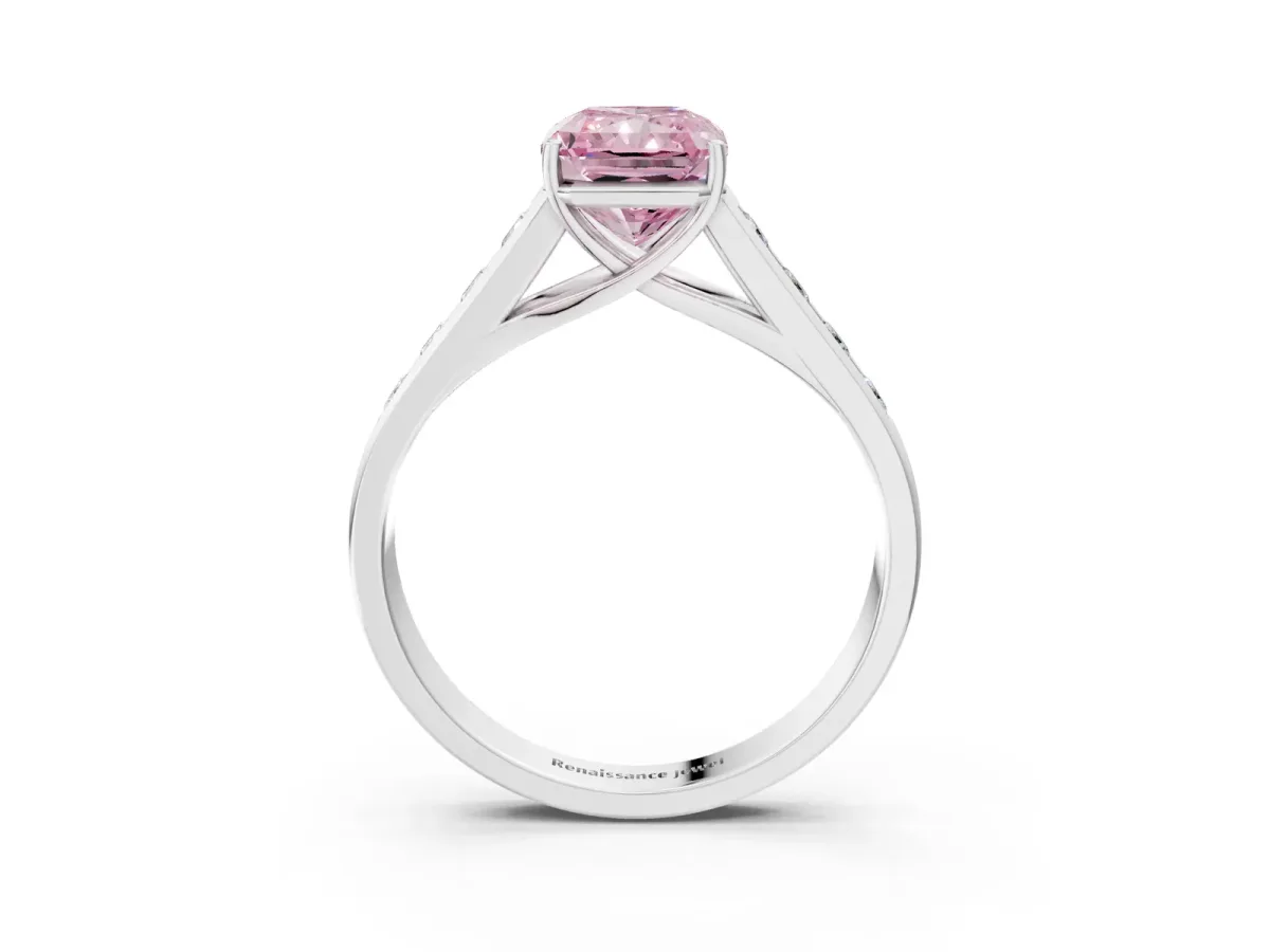 Fancy Pink Radiant Cut Solitaire Channel-Set Diamond Engagement Ring with Four-Prong Setting Platinum