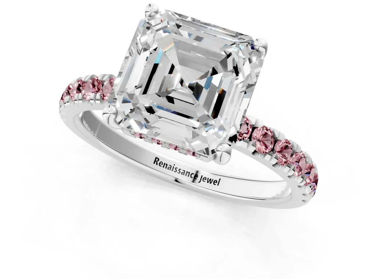 Asscher Cut Diamond Pave Band Solitaire Ring with Round Morganite and Prong Setting Silver