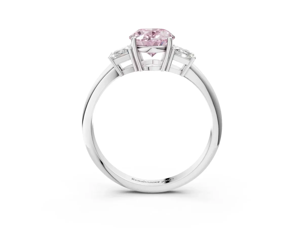 Fancy Pink Oval Cut Diamond Three-Stone Ring with Trapezoid Side Stones and Prong Setting Silver