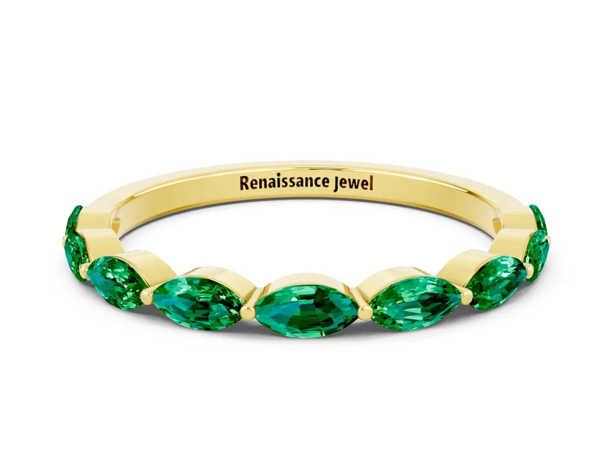 Marquise Emerald Half Eternity Band with Prong Setting Yellow gold