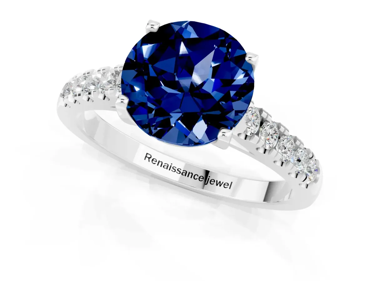 Round Cut Blue Sapphire Pavé Band Solitaire Ring with Prong Setting White gold