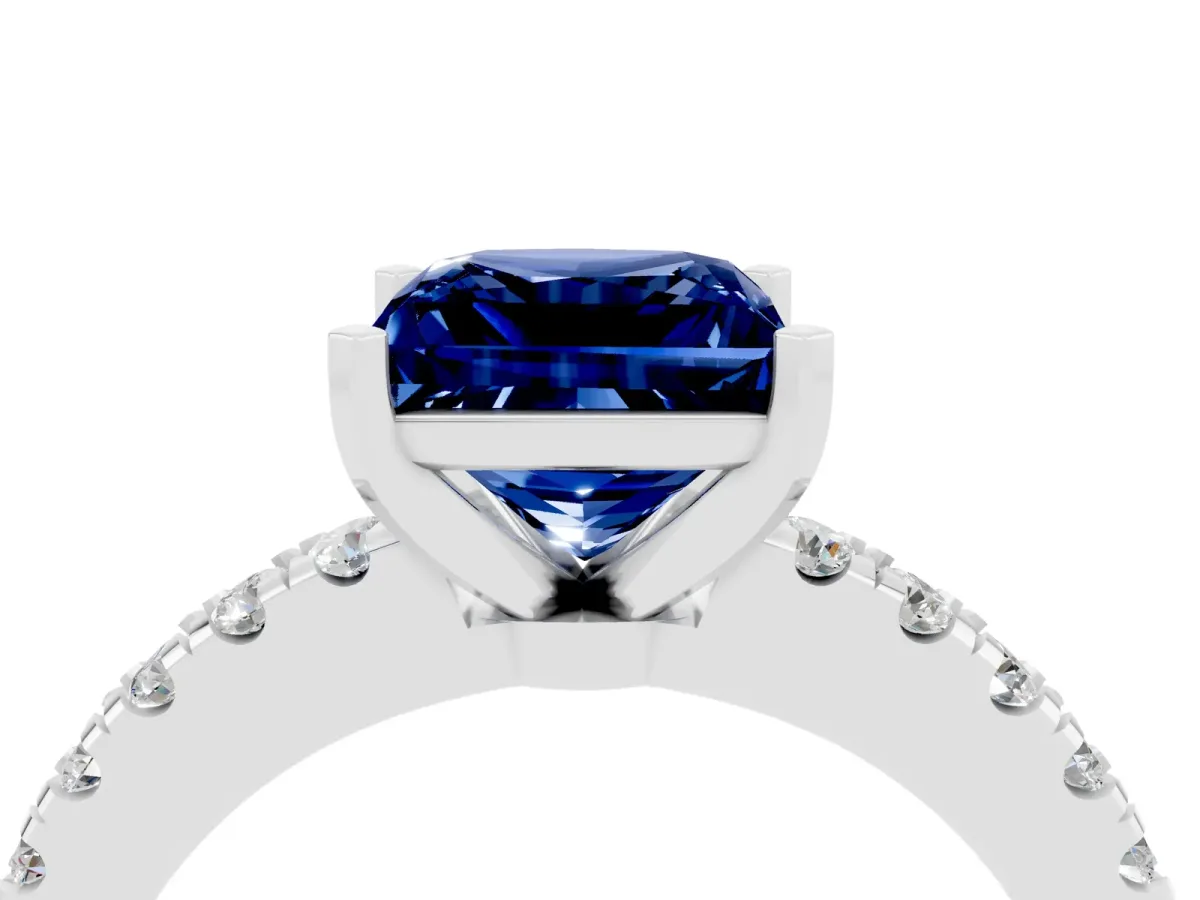 Princess Cut Solitaire Blue Sapphire with Pavé Band and Four-Prong Setting Silver