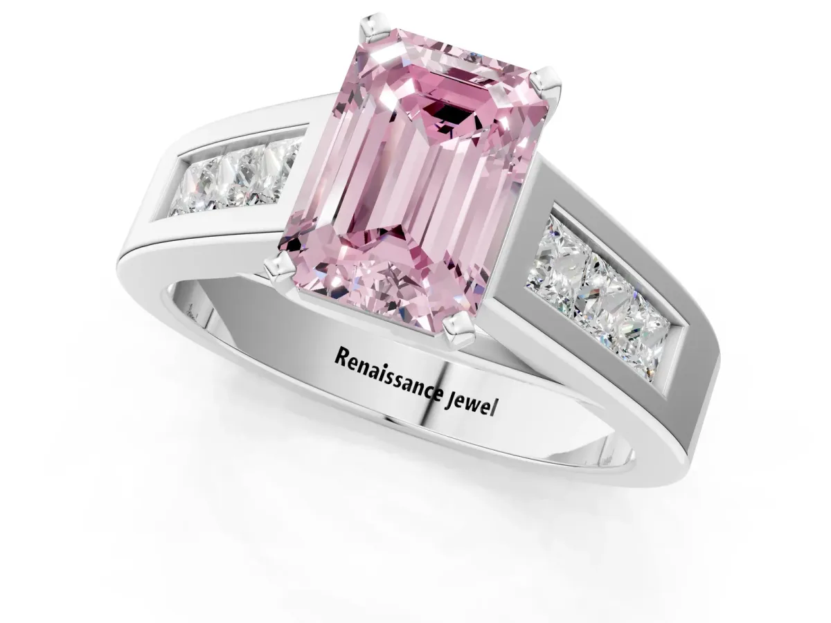 Fancy Pink Emerald Cut Cut Channel Set Solitaire Ring with Four-Prong Setting Platinum