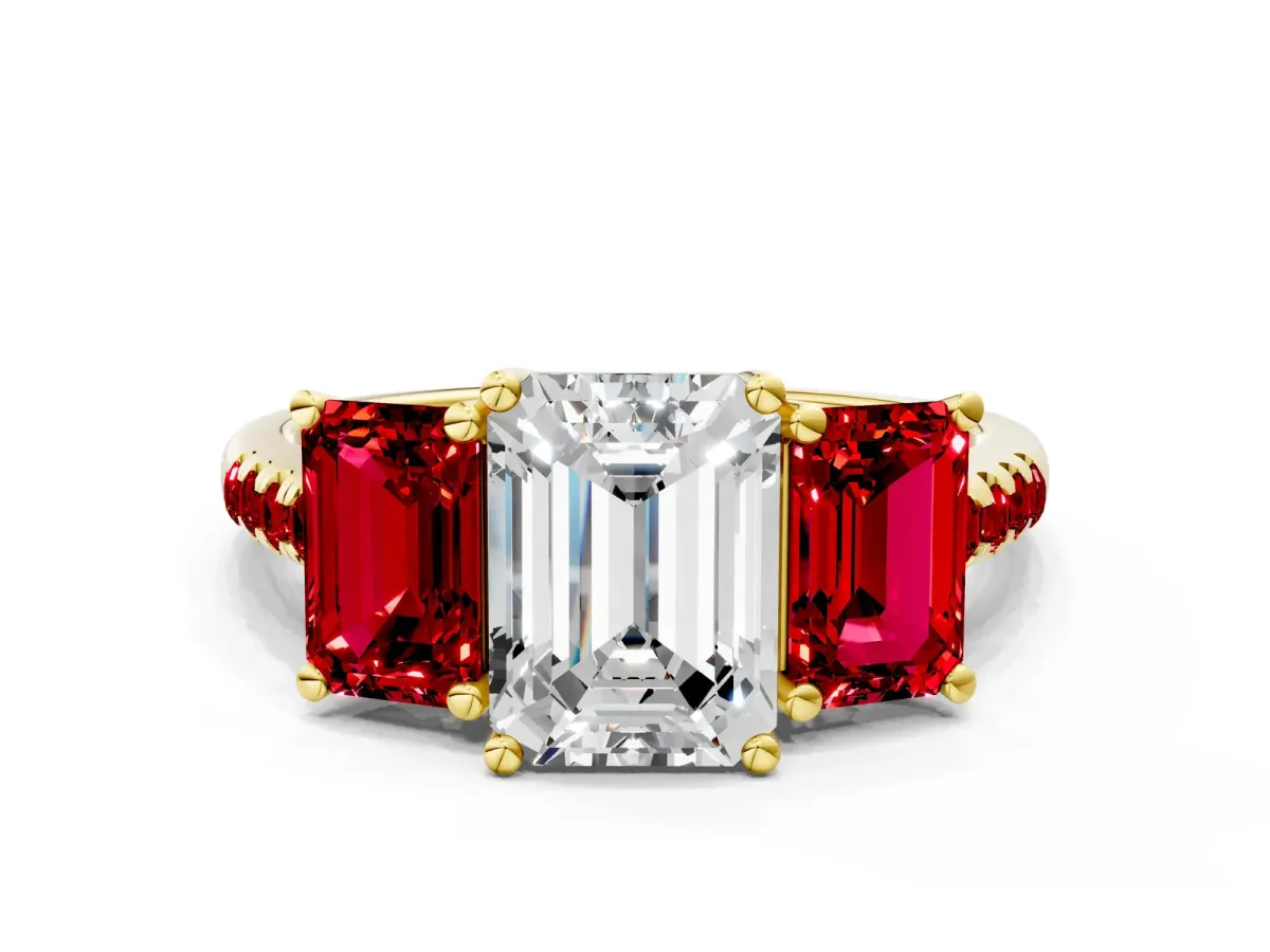 Three-Stone Emerald Cut Diamond Ring with Round Ruby Pavé Band and Prong Setting Yellow gold