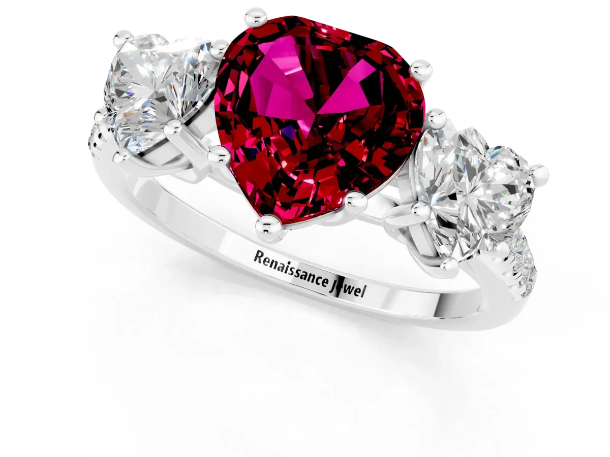 Three-Stone Heart Cut Garnet Ring with Round Pavé Band and Prong Setting Silver