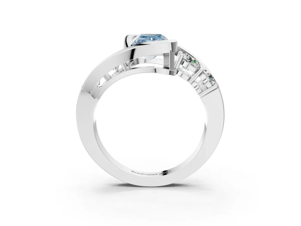 Fancy Blue Bezel Set Radiant Cut Diamond Bypass Ring with Round Accents Silver