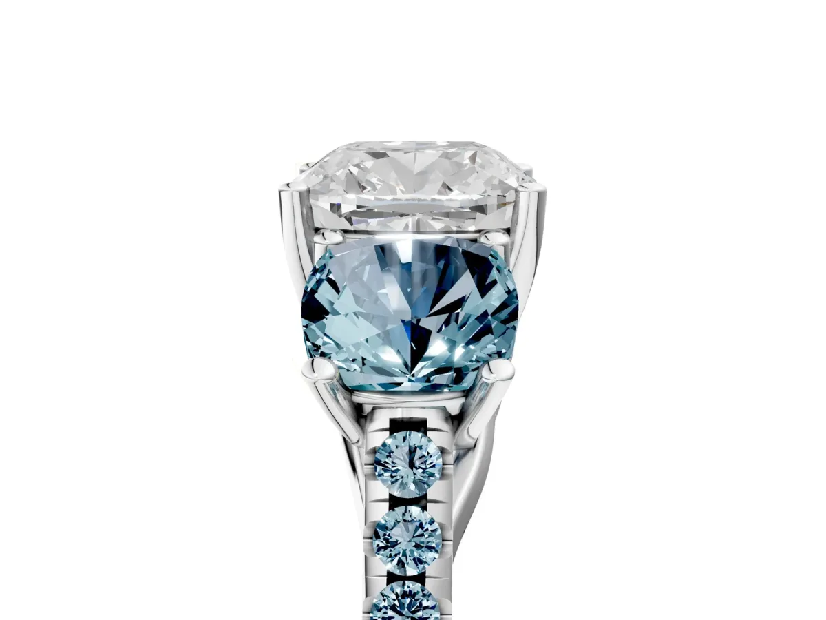 Three-Stone Cushion Cut Diamond Ring with Round Aquamarine Pavé Band and Prong Setting Silver