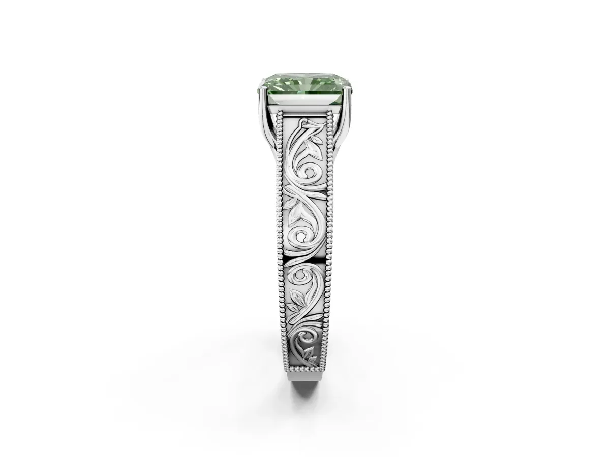 Fancy Green Radiant Cut Diamond Solitaire Ring with Engraved Band and Four-Prong Setting Platinum