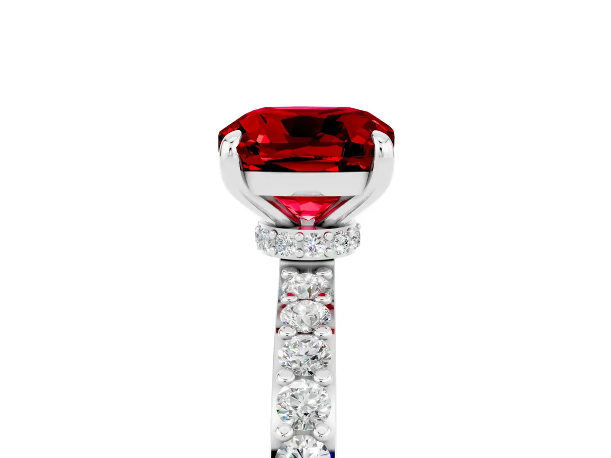 Cushion Cut Ruby Pavé Engagement Ring with Round Accents and Prong Setting Platinum