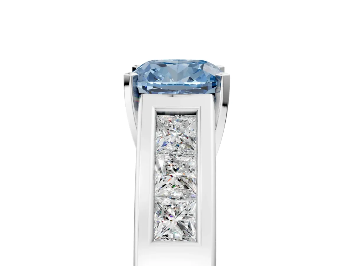 Fancy Blue Cushion Cut Cut Channel Set Solitaire Ring with Four-Prong Setting Platinum