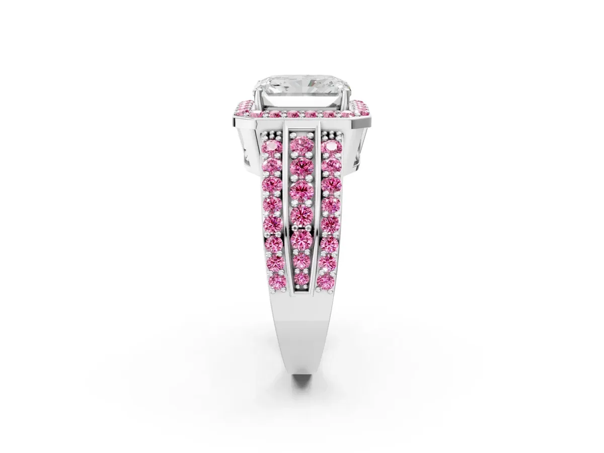 Radiant Cut Halo Diamond Ring with Round Pink Sapphire Split Shank and Prong Setting Silver