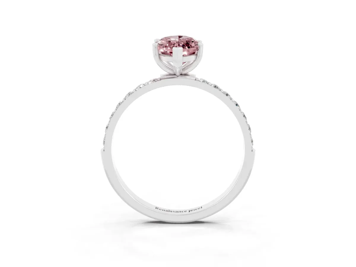 Marquise Cut Morganite Solitaire Ring with Round Pavé Band and Prong Setting Silver