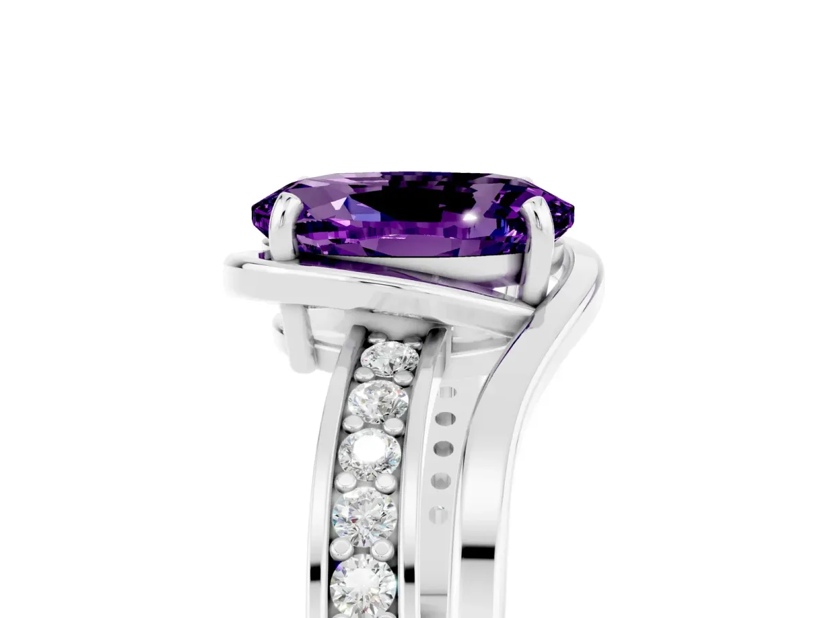 Oval Cut Amethyst Solitaire Ring with Split Shank and Prong Setting White gold