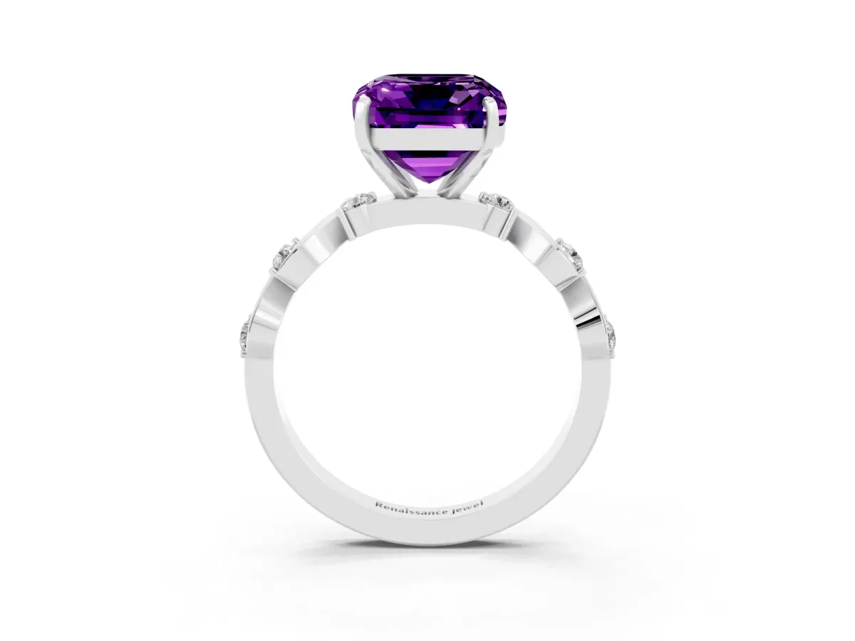 Emerald Cut Amethyst Solitaire Twisted Band with Round Accents and Prong Setting Silver