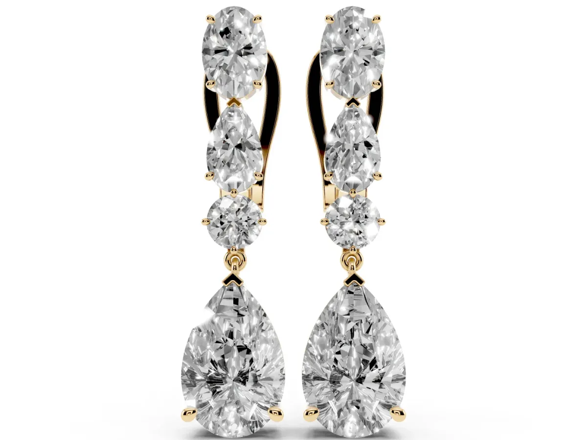 Oval, Pear and Round Diamond Huggie Drop Earrings Yellow gold