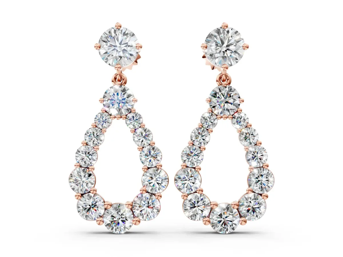 Round Cut Diamond Graduated Shared Prong Drop Earrings Rose gold