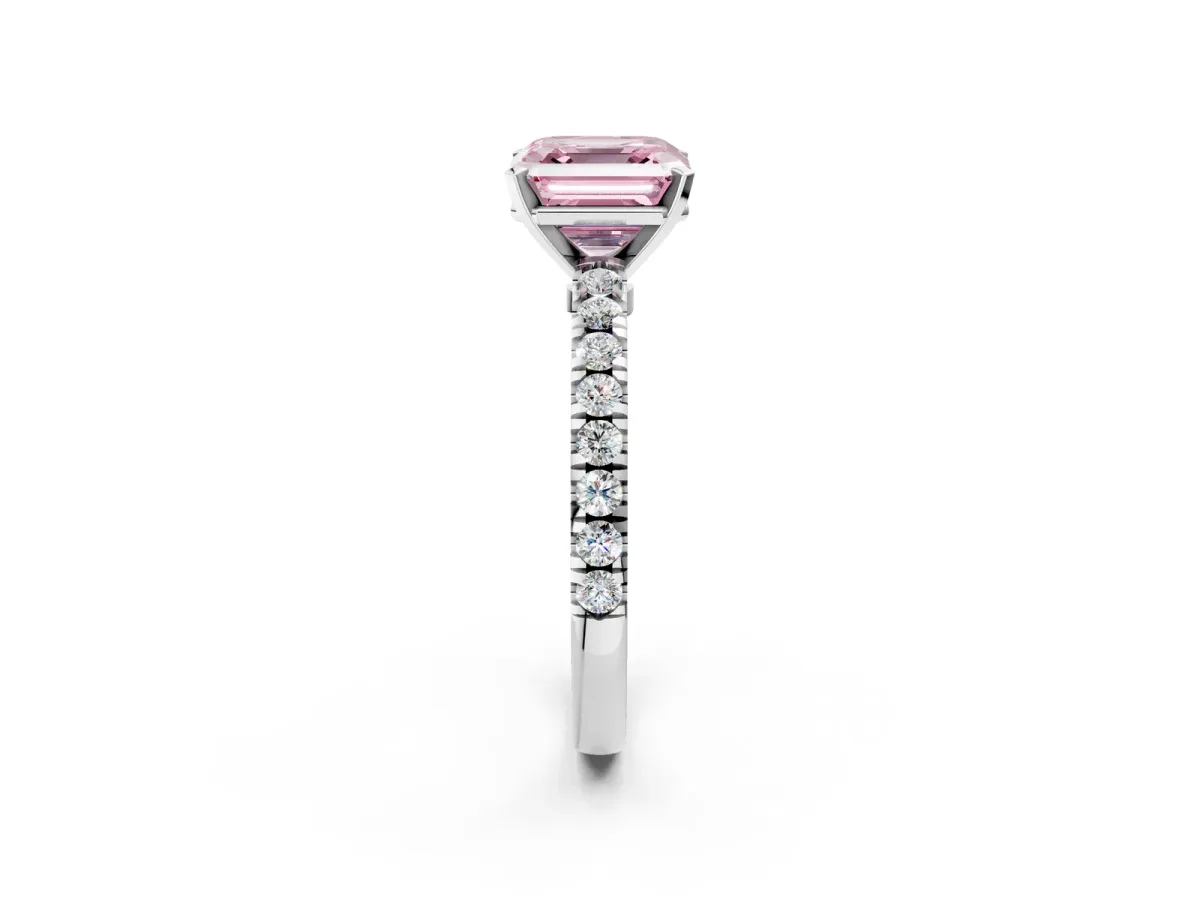 Fancy Pink Asscher Cut Solitaire Diamond with Pavé Band and Four-Prong Setting Silver