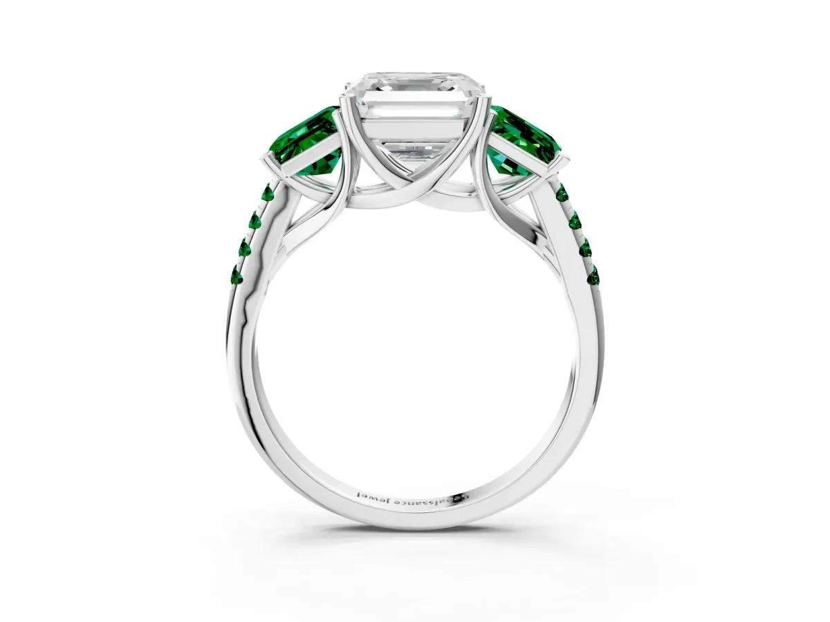 Three-Stone Asscher Cut Diamond Ring with Round Emerald Pavé Band and Prong Setting Silver