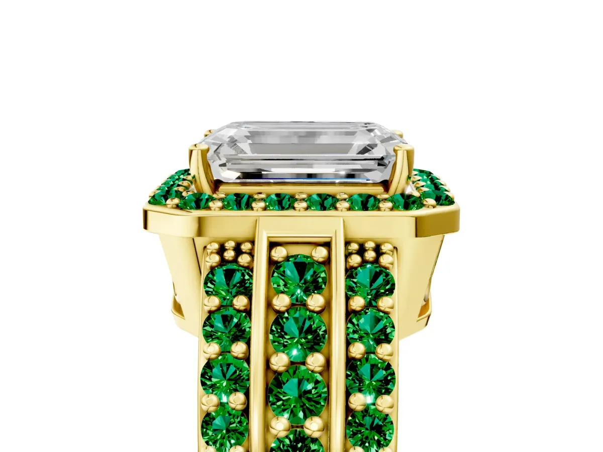 Emerald Cut Halo Diamond Ring with Round Emerald Split Shank and Prong Setting Yellow gold