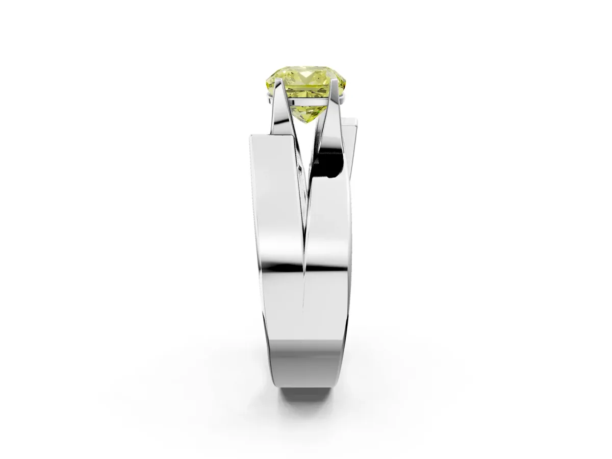 Fancy Yellow Modern Tension Set Cushion Cut Diamond Solitaire Wide Band Ring Silver