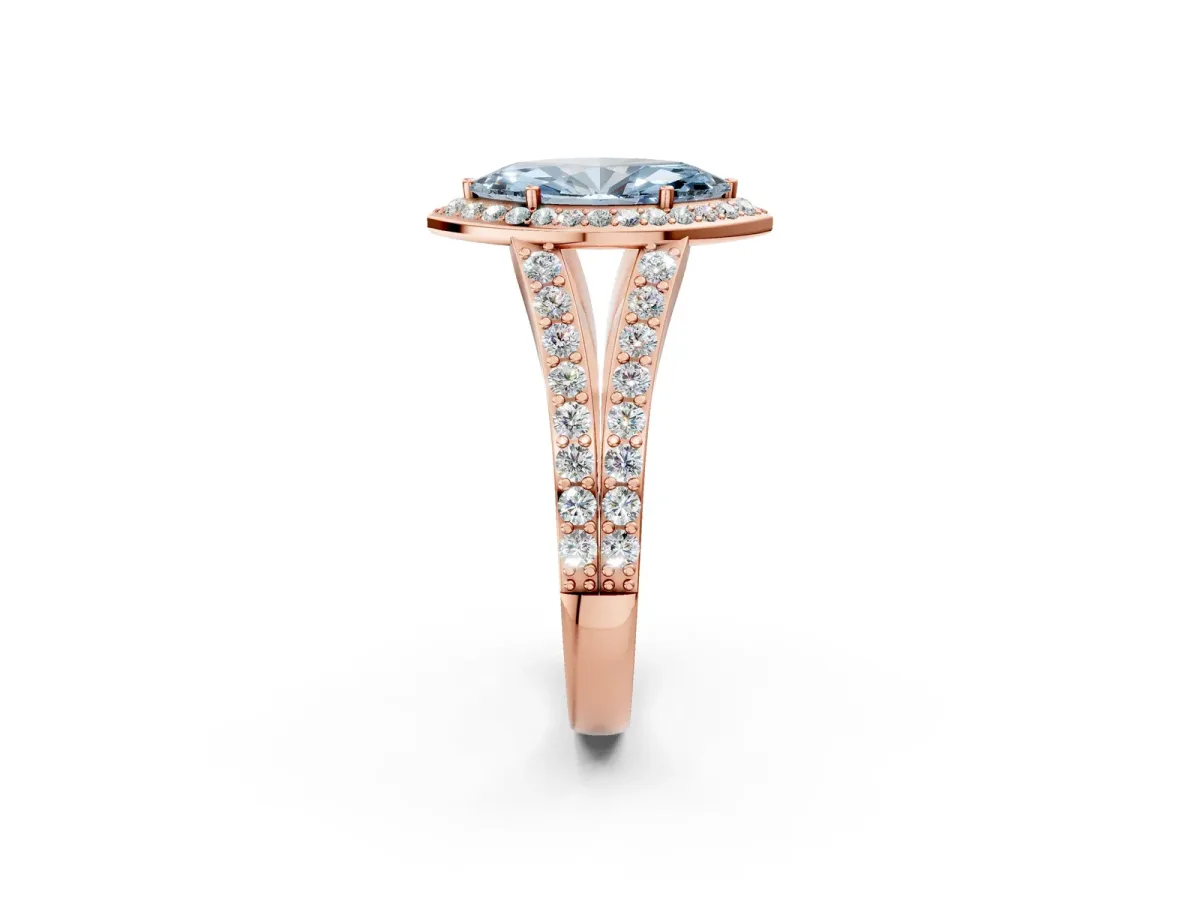 Fancy Blue Marquise Cut Diamond Split Shank Halo Ring with Four-Prong Setting Rose gold