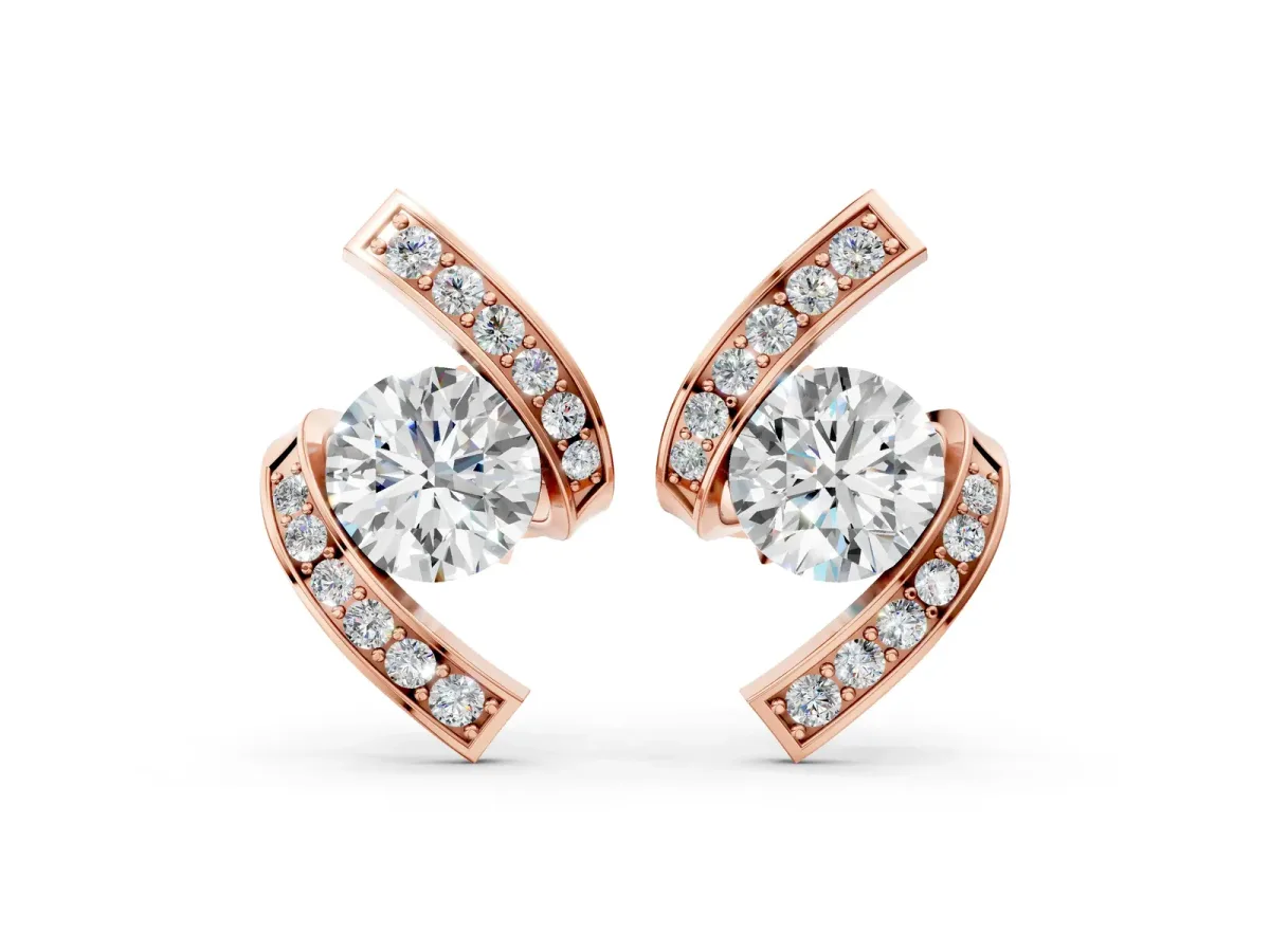 Round Diamond Curve Wave Stud Earrings Rose gold