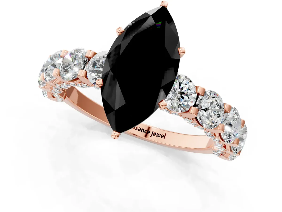 Fancy Black Marquise Cut Diamond Side Stone Engagement Ring with Four-Prong Setting Rose gold