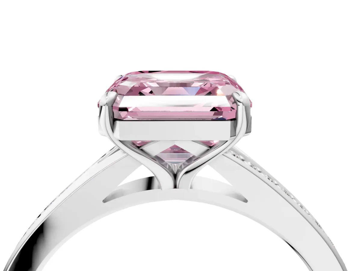 Fancy Pink Asscher Cut Diamond Solitaire Ring with Pavé Band and Prong Setting Platinum