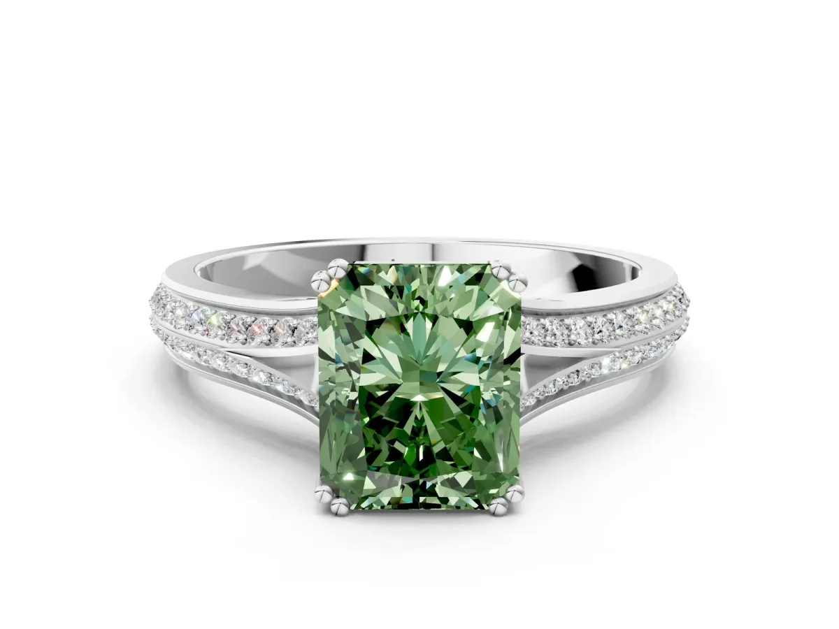 Fancy Green Radiant Cut Diamond Split Shank Engagement Ring with Pavé Band Platinum
