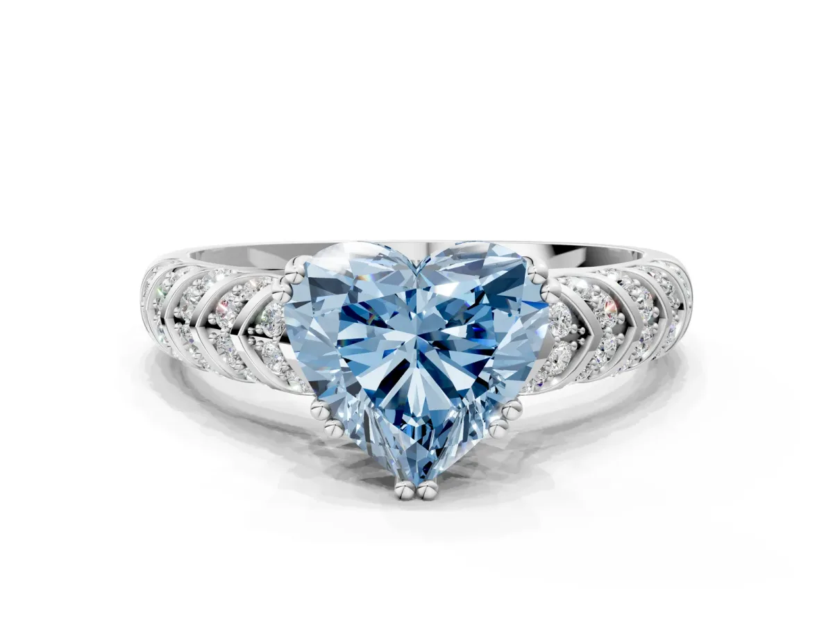 Fancy Blue Heart Cut Solitaire Chevron Pave Diamond Engagement Ring with Six-Prong Setting Platinum