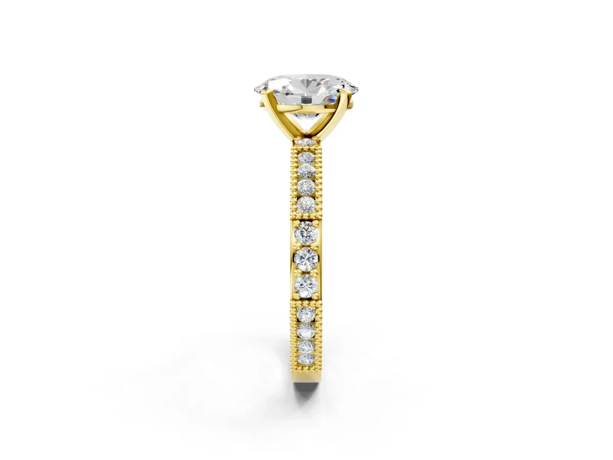 Oval Cut Solitaire with Pavé Band and Four-Prong Setting Yellow gold