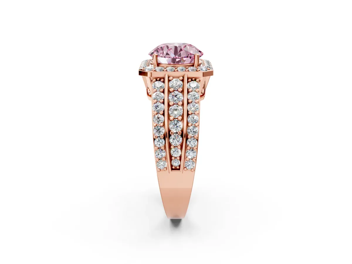 Fancy Pink Round Cut Halo Diamond Ring with Round Split Shank and Prong Setting Rose gold