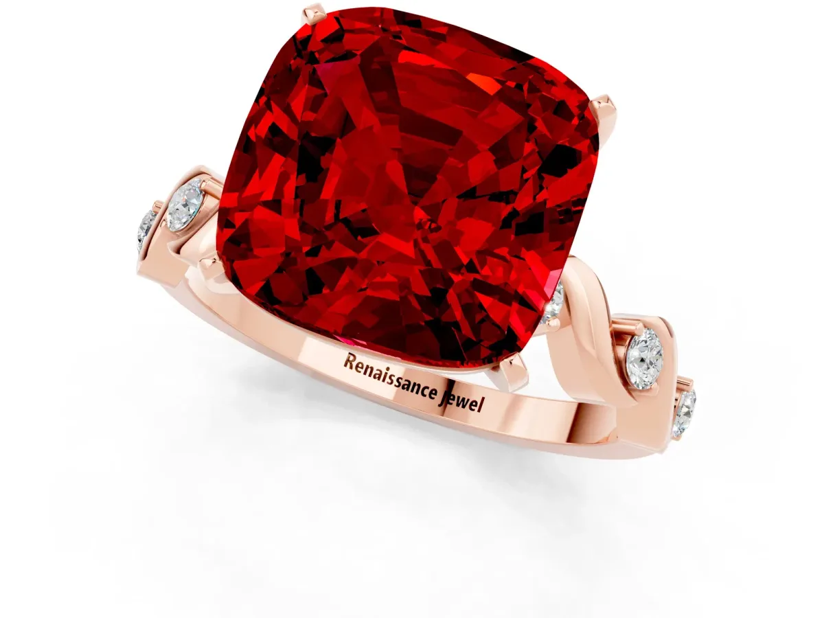 Cushion Cut Ruby Solitaire Twisted Band with Round Accents and Prong Setting Rose gold