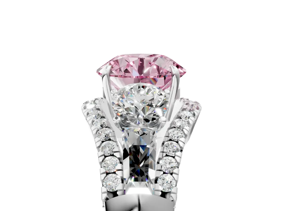 Fancy Pink Three-Stone Round Cut Diamond Engagement Ring with Pave Band and Prong Setting Platinum