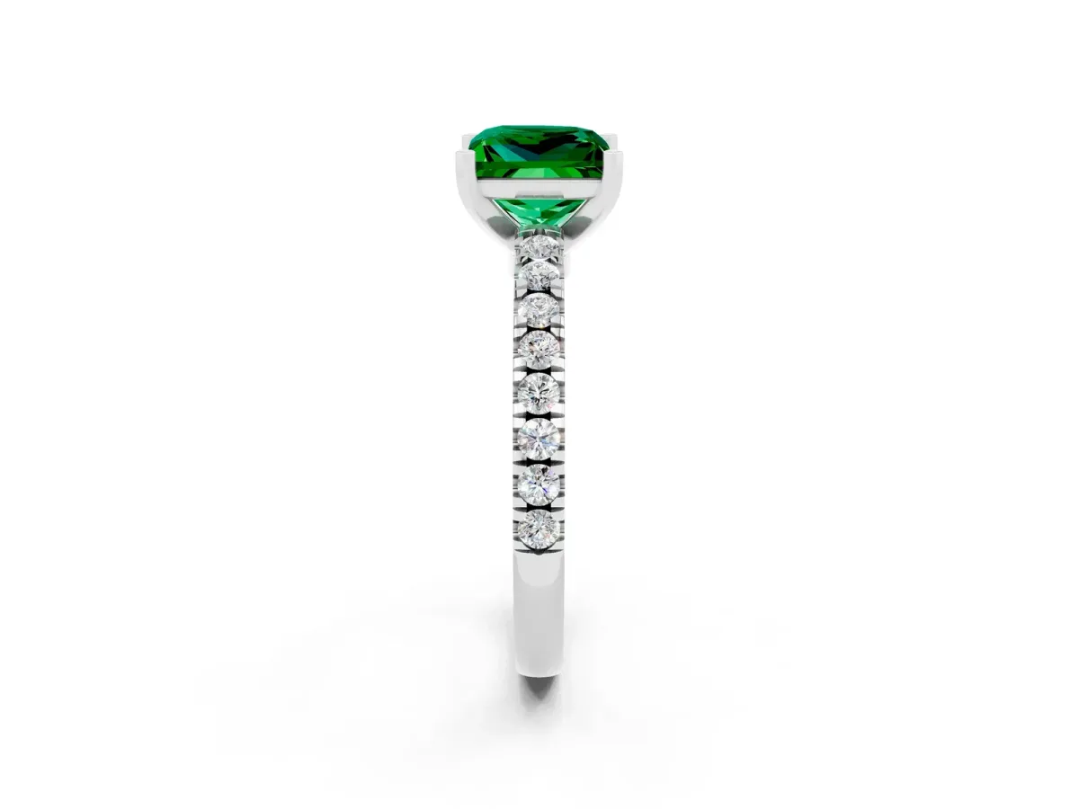 Princess Cut Solitaire Emerald with Pavé Band and Four-Prong Setting Silver