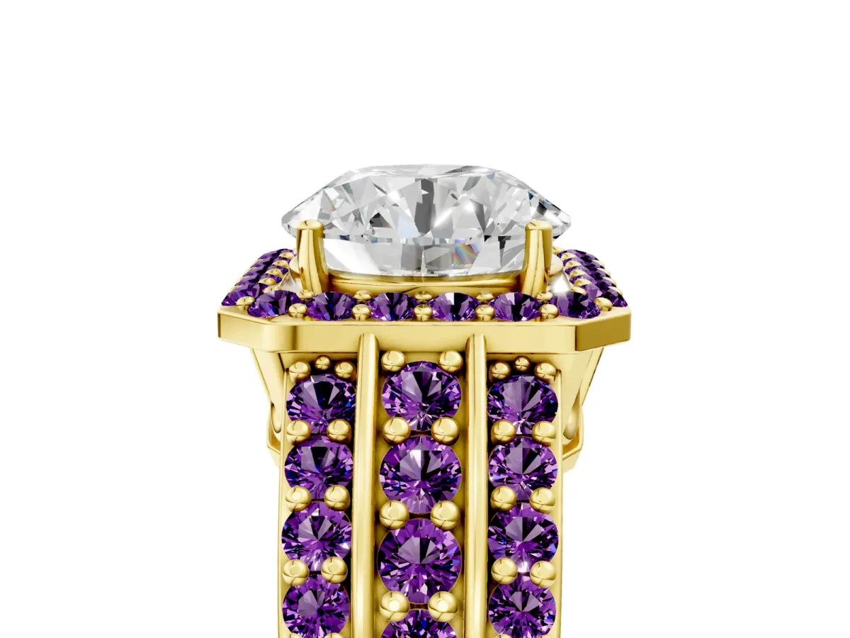 Round Cut Halo Diamond Ring with Round Amethyst Split Shank and Prong Setting Yellow gold