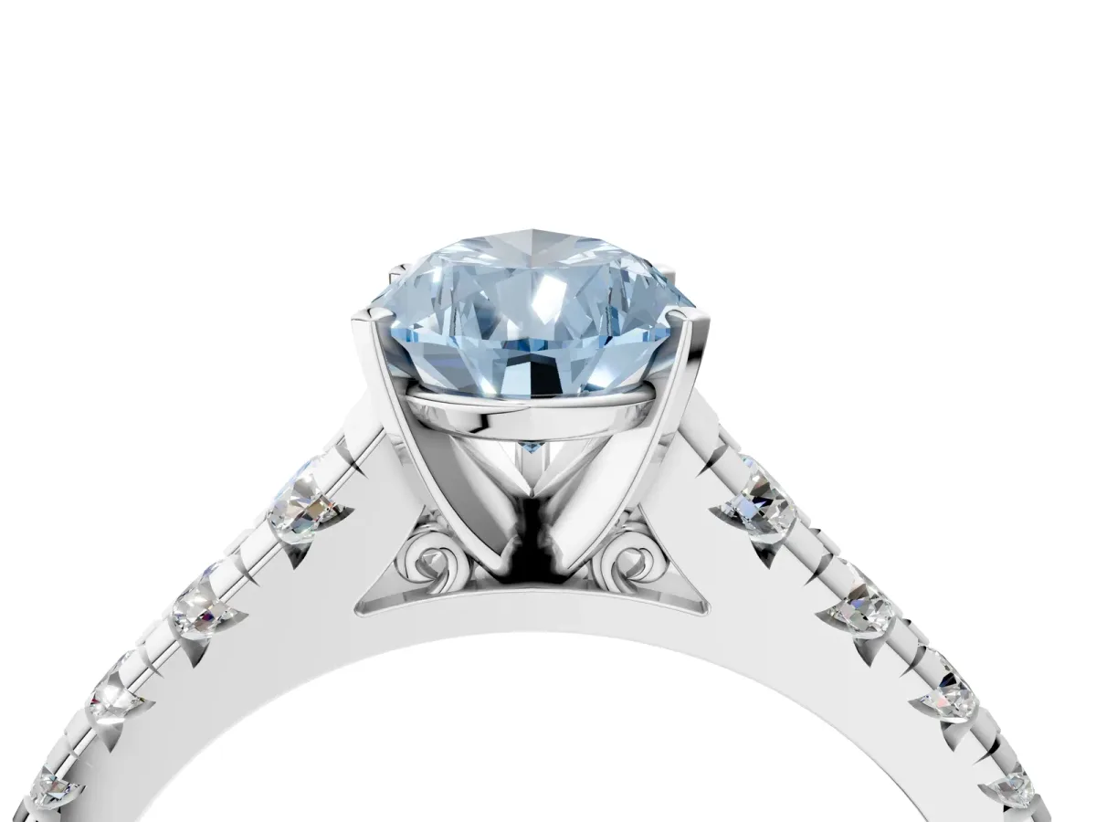 Fancy Blue Pear Cut Diamond Cathedral Solitaire Ring with Round Pavé Band Platinum